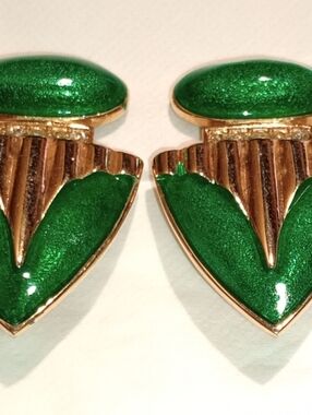 ART DECO STYLE Green Enamel Gold-Tone Leaf Drop Earrings